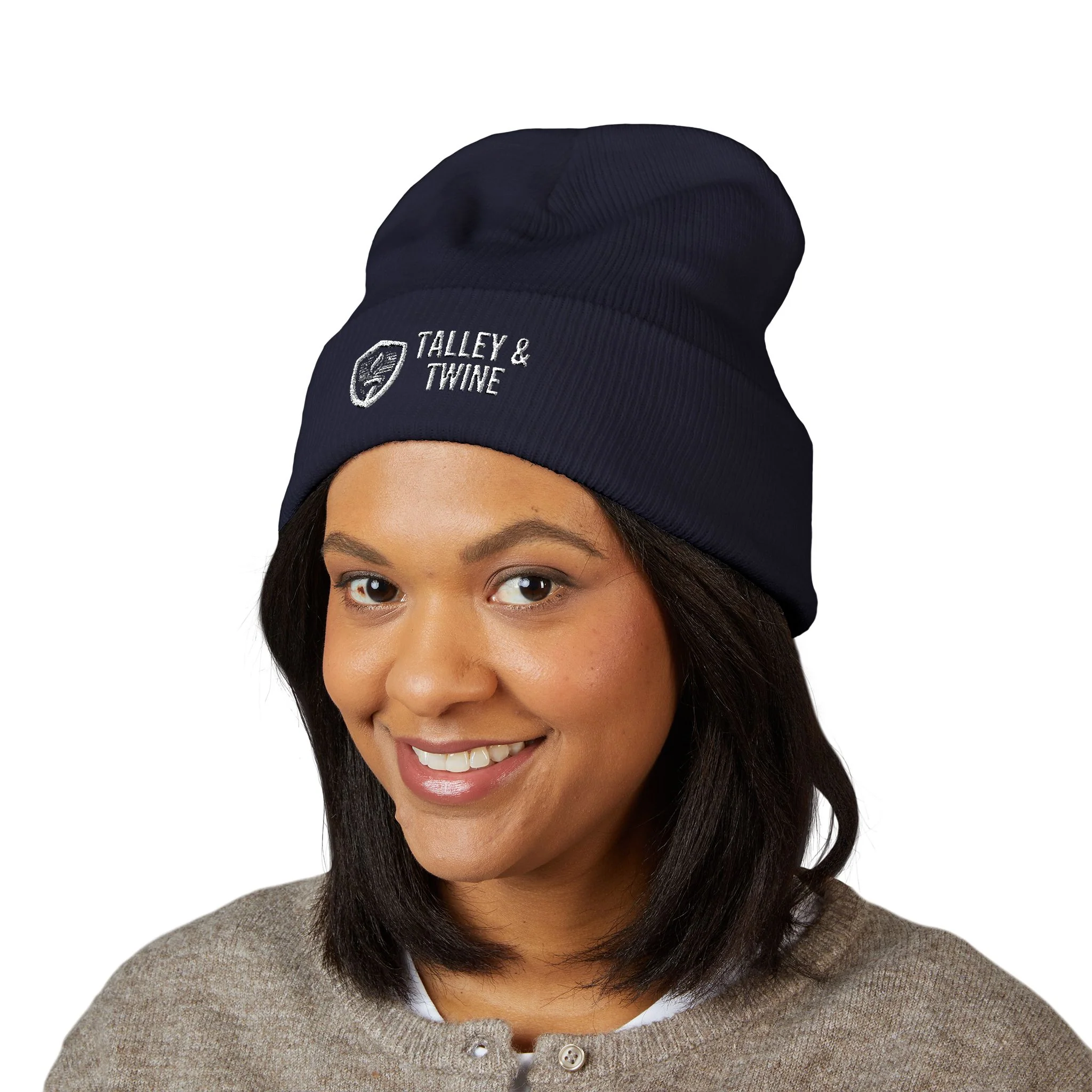 Talley & Twine Embroidered Cuffed Beanie — Classic Black Knit Hat - Image 15
